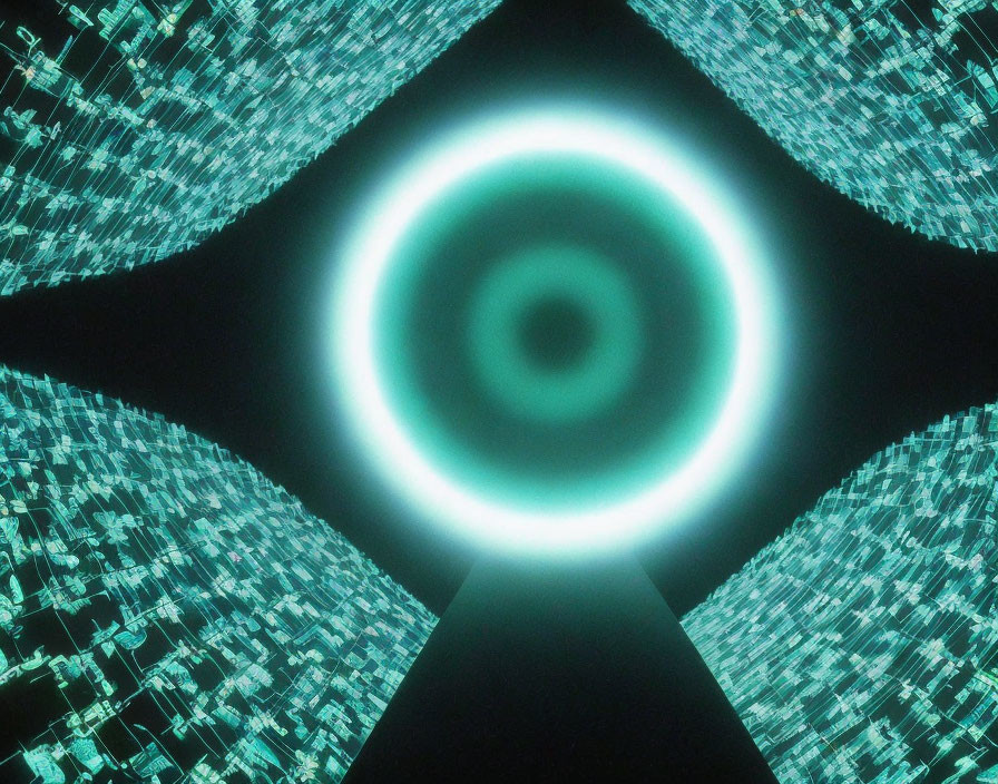 Symmetrical abstract digital tunnel with glowing cyan circle