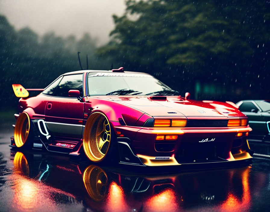 Vibrant pink and purple sports car with gold rims in rain on wet asphalt