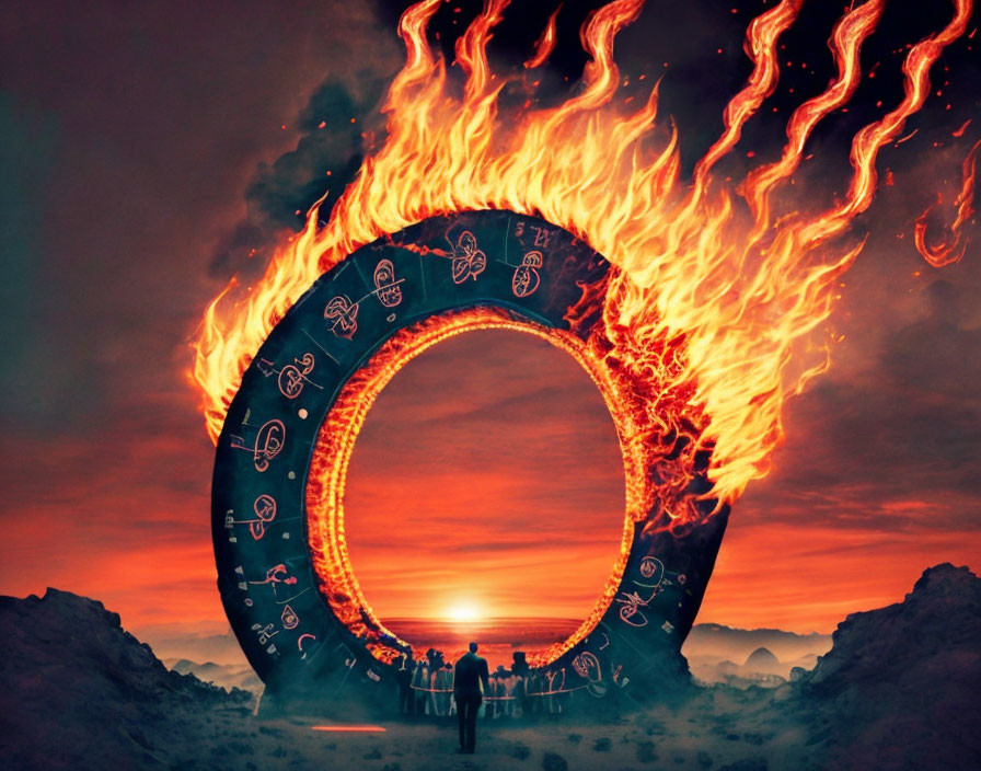Giant flaming zodiac wheel in desert sunset with people silhouettes