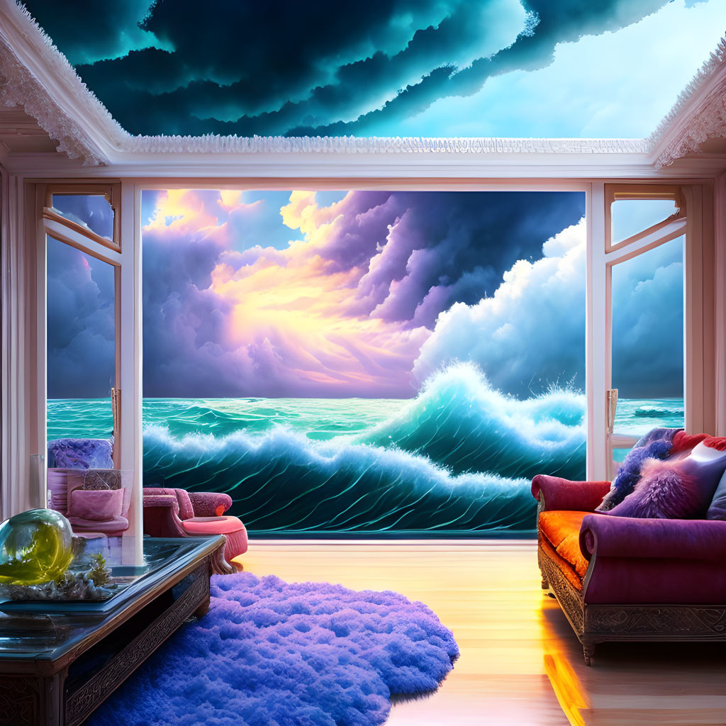 Surreal room with vibrant seascape and stormy sunset landscape