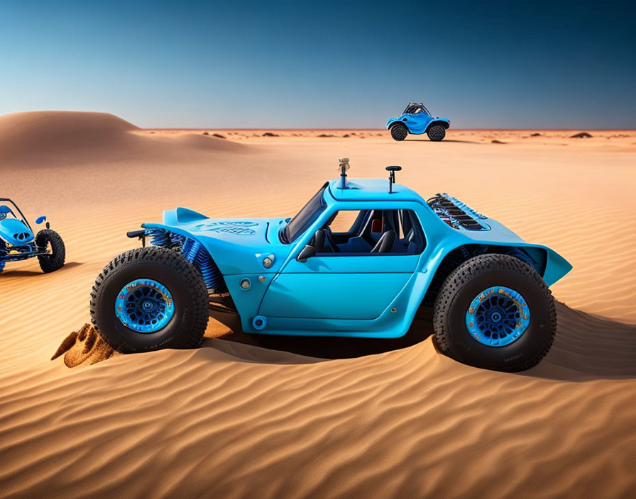 Blue off-road buggies racing in desert dunes under clear sky