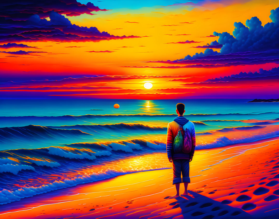 Vibrant sunset beach scene with person facing ocean