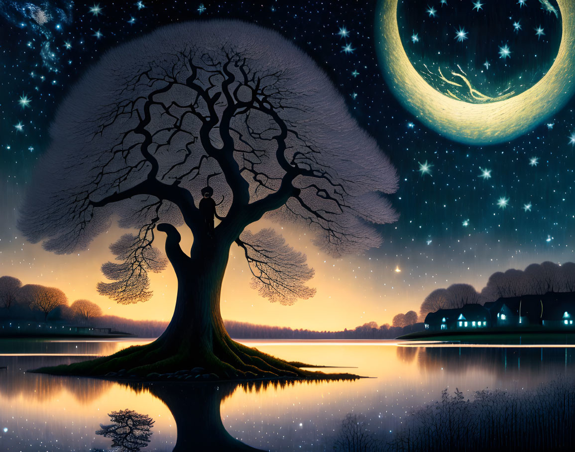 Tranquil night landscape with tree, lake, and starry sky