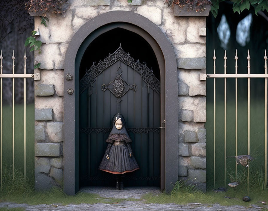 Young child in dark dress and white bonnet at ornate arched doorway with bird