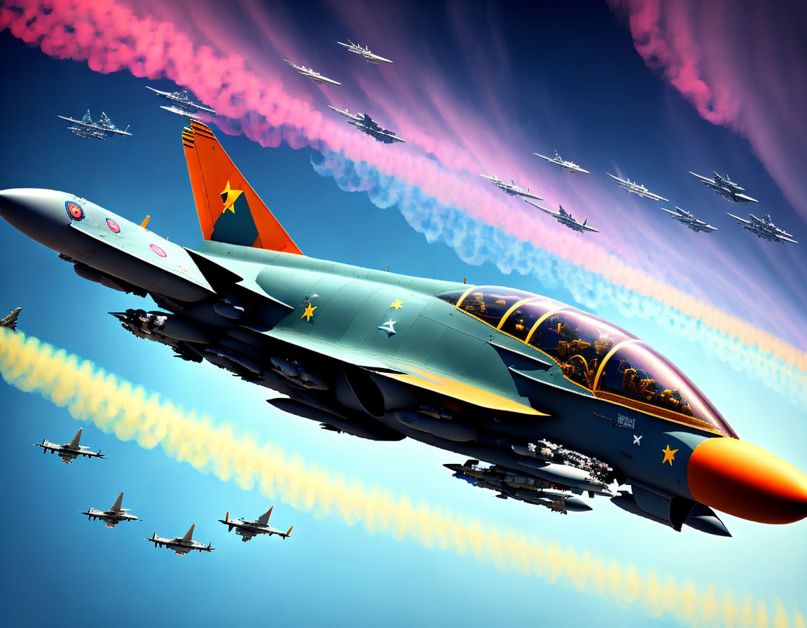 Colorful Fighter Jets with Vibrant Orange Nose in Blue Sky