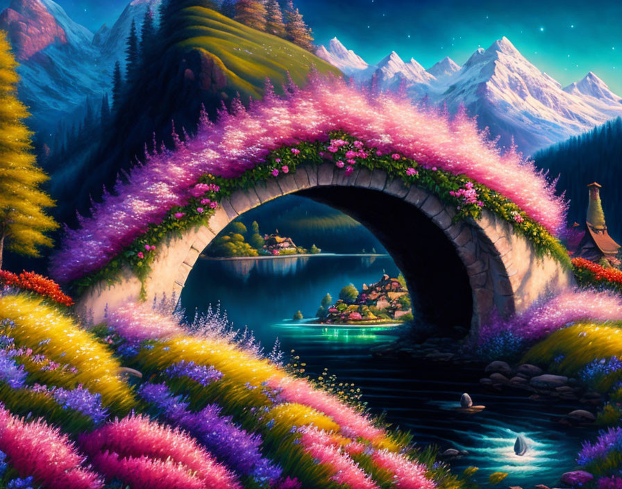 Colorful landscape with flower-covered arch bridge, cottage, river, and snowy mountains at twilight.