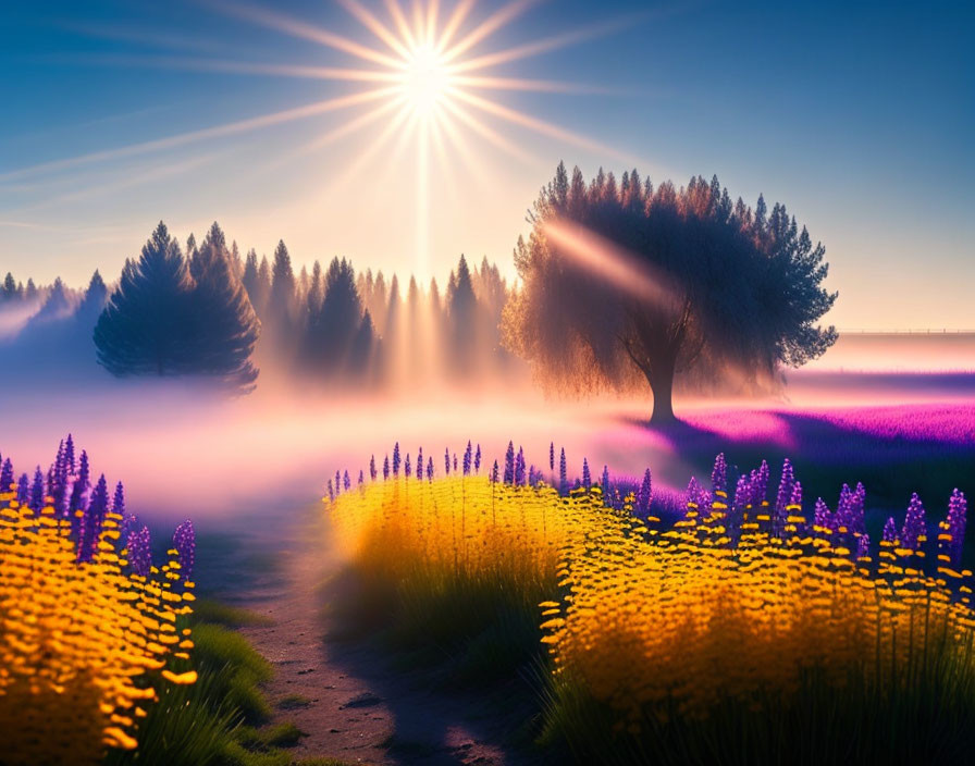 Colorful sunrise landscape with sunburst, mist, central tree, purple & yellow flowers.