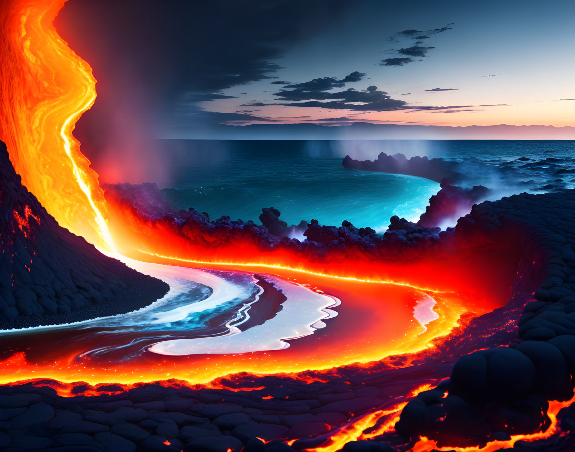 Molten lava flowing into ocean at dusk, illuminating rugged coastline