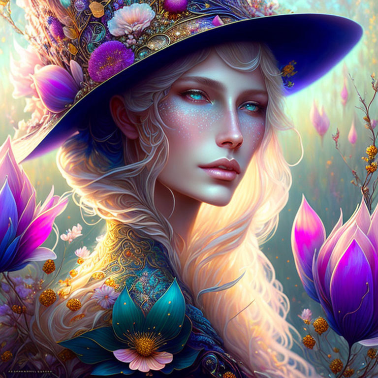 Fantasy illustration of woman in floral hat with vibrant flowers