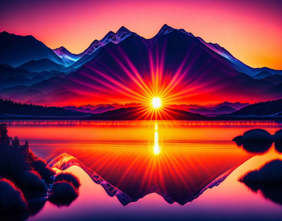 Scenic sunset over tranquil lake with mountain silhouettes and colorful sky