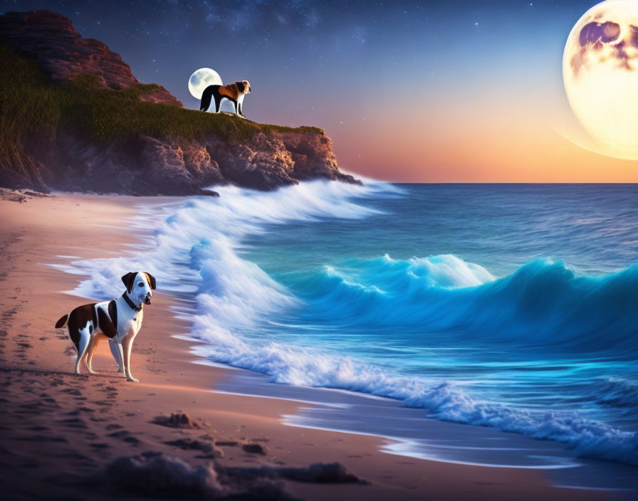 Moonlit beach scene with dog and bear silhouettes against full moon