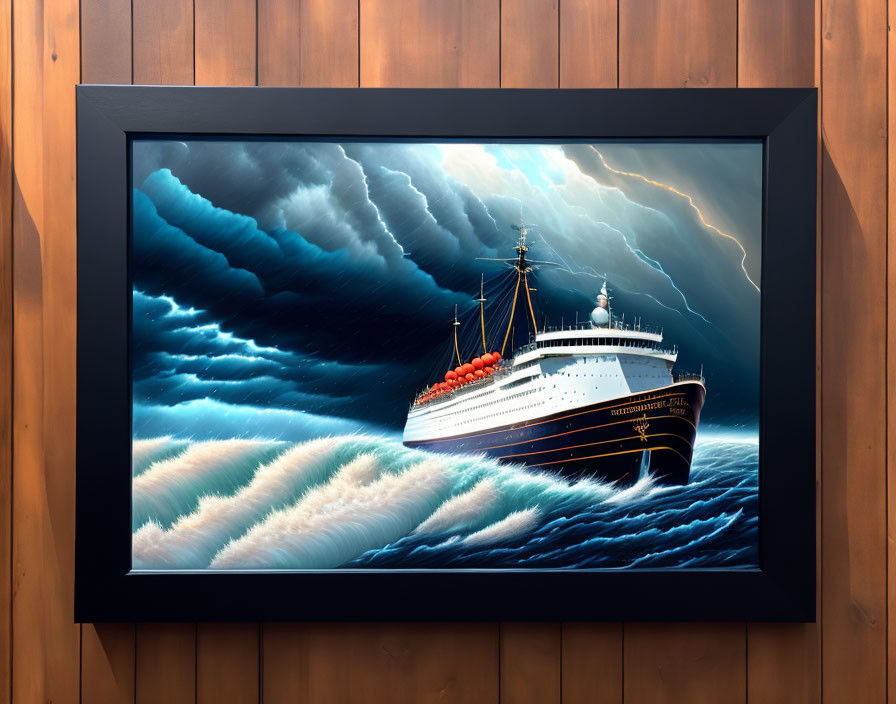 Stormy seascape painting with ship, waves, and dark clouds on wooden wall