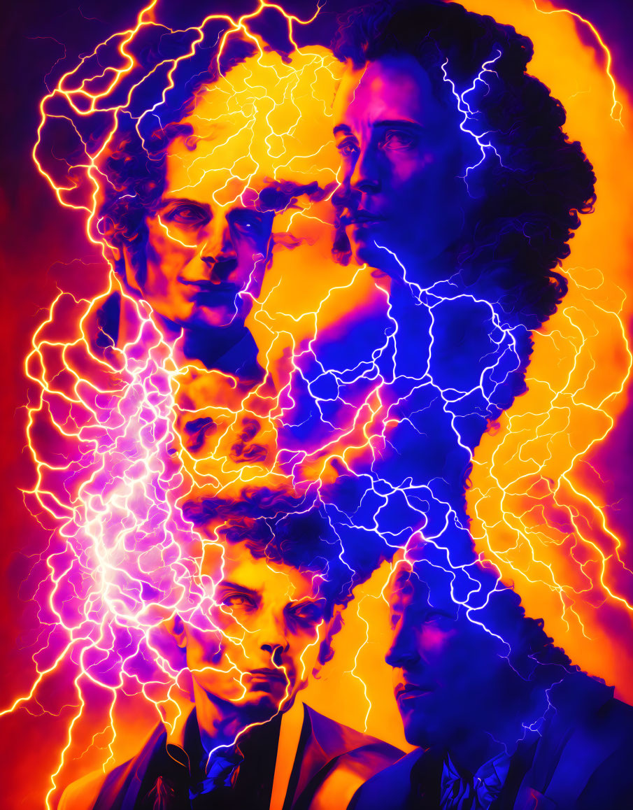 Dynamic Lightning Effects on Four Overlapping Faces in Electric Blue and Orange