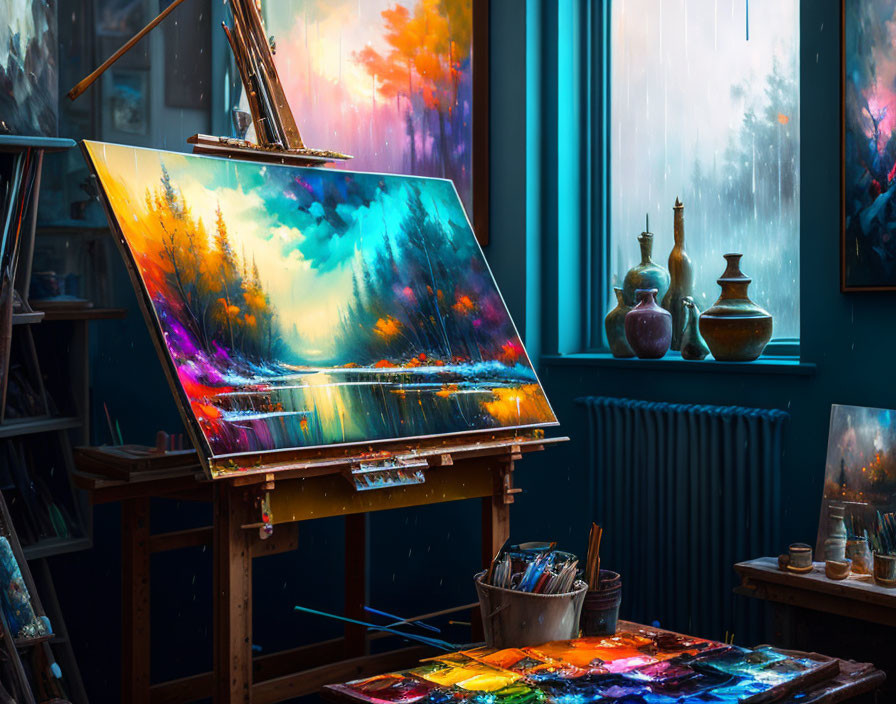 Colorful painting on easel in vibrant art studio