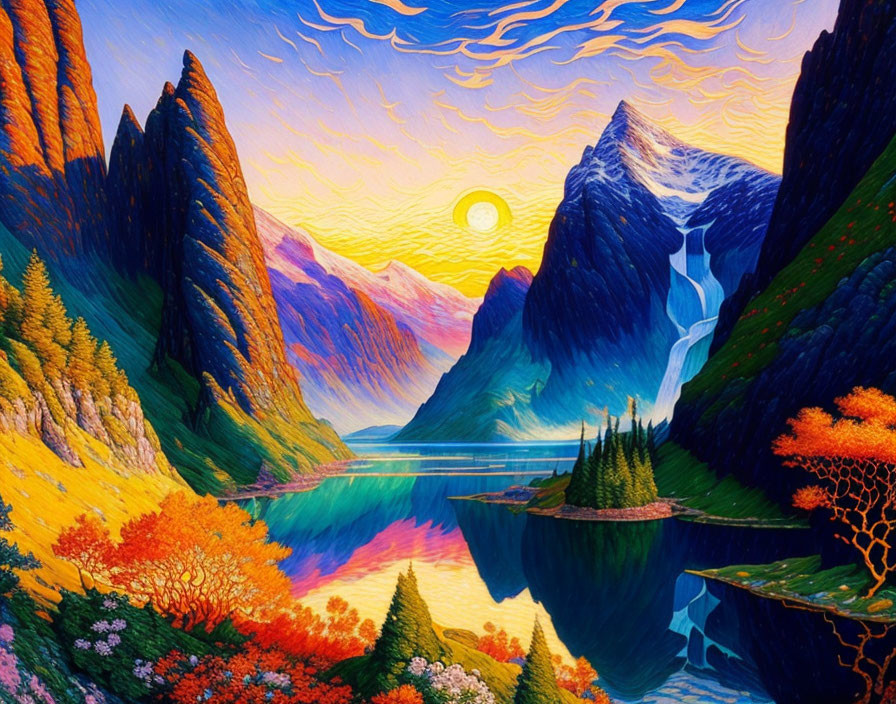 Scenic landscape painting of sunset, mountains, waterfall, autumn trees, and tranquil lake