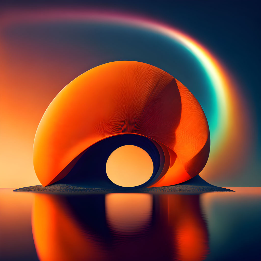 Abstract orange spiral sculpture reflecting on water with colorful halo effect