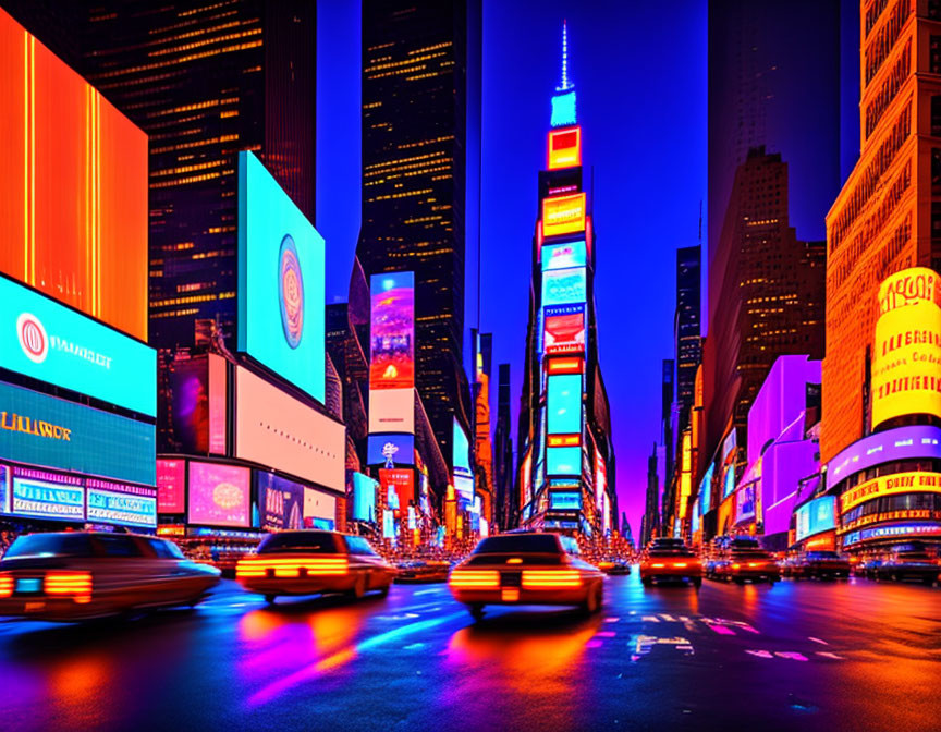 Vibrant Times Square night scene with neon lights and traffic