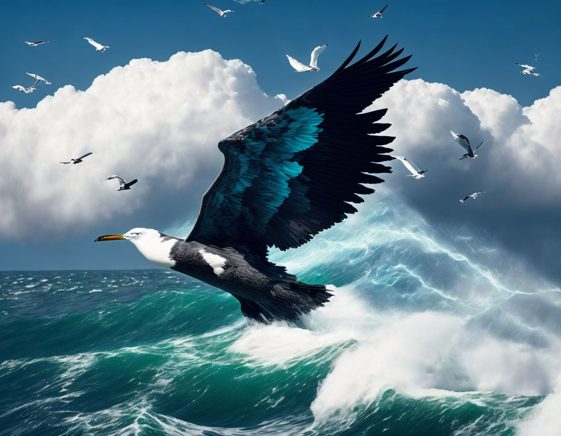 Majestic eagle soaring over turbulent ocean waves with seagulls in cloudy sky