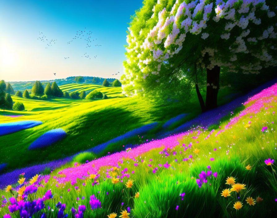 Scenic landscape with green hills, wildflowers, blooming tree, blue sky