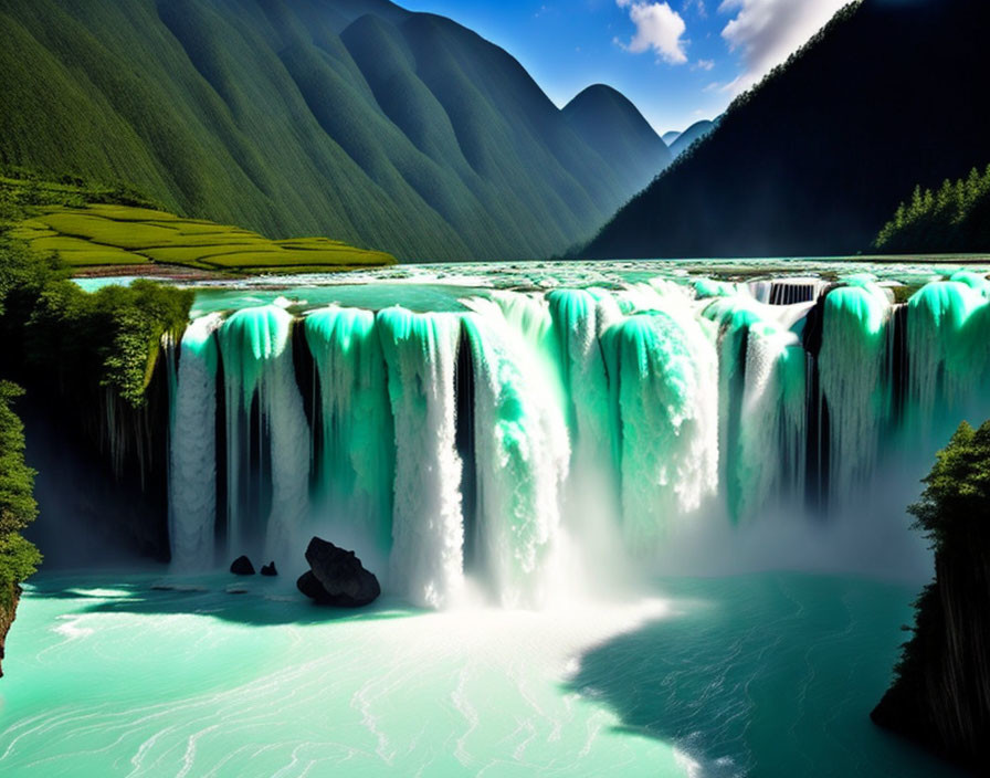 Turquoise Waterfall Cascading into Serene Pool