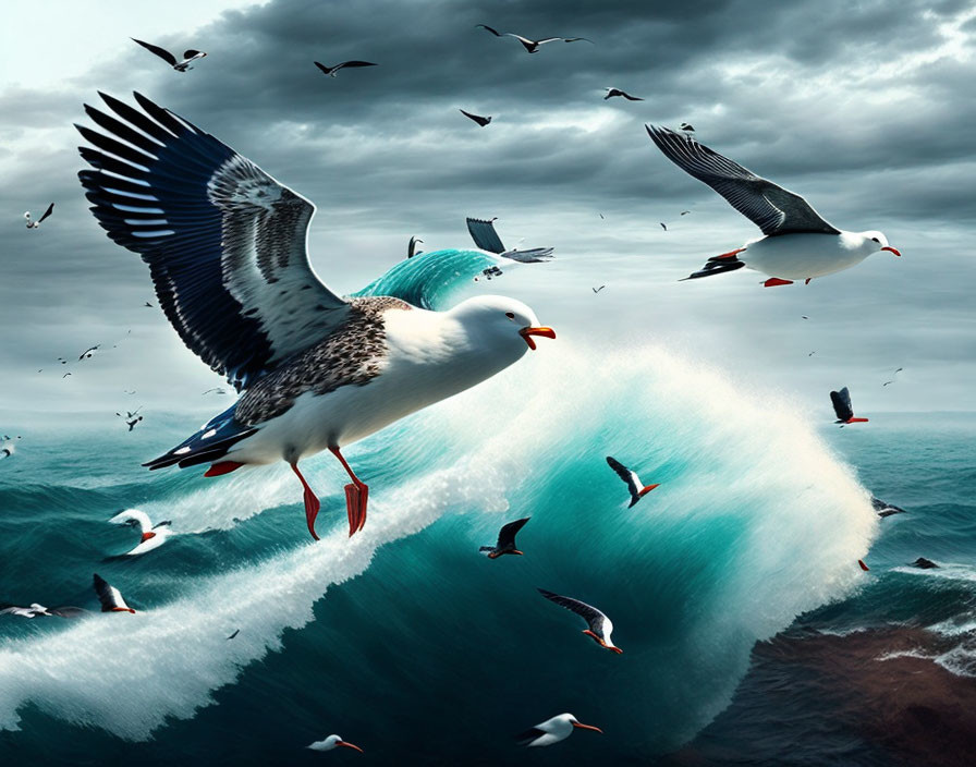 Seagulls Flying Over Cresting Ocean Waves in Stormy Sky