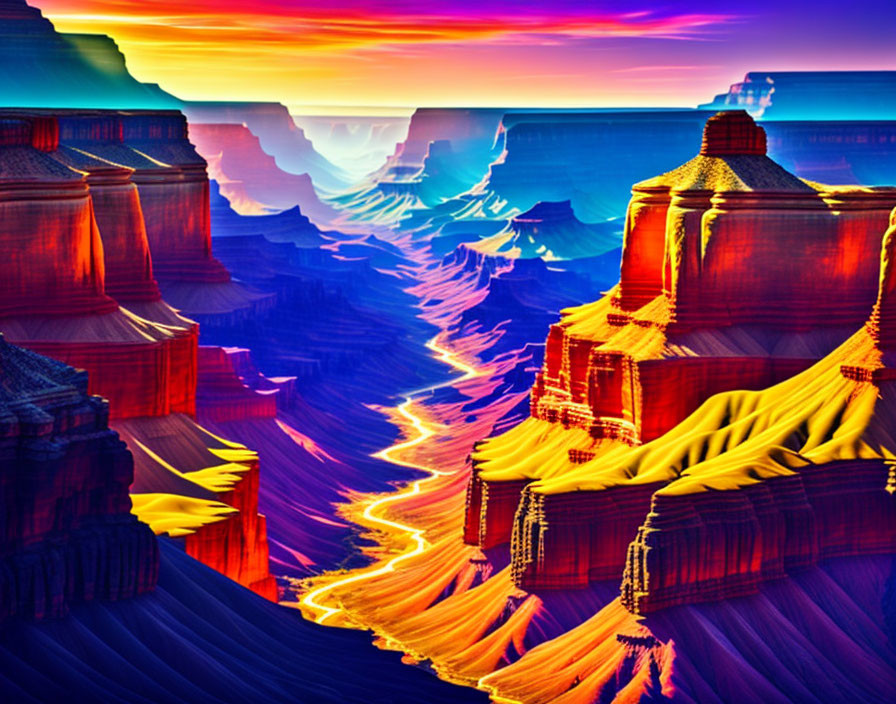 Colorful digital illustration of layered canyon with riverbed