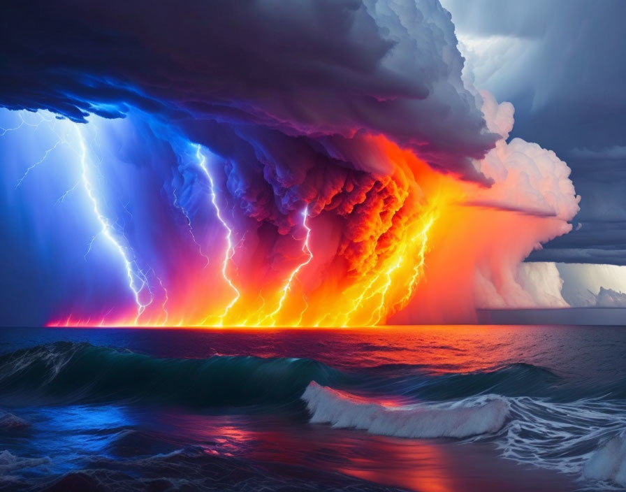 Dramatic red clouds and lightning bolts over the ocean