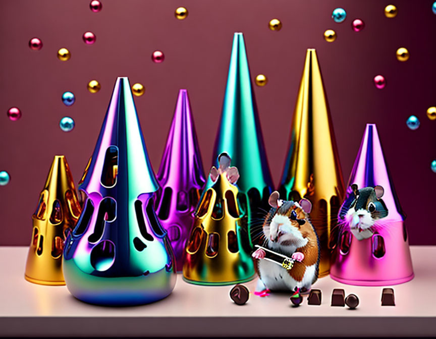 Vibrant metallic party hats with guinea pigs, sunglasses, and confetti on maroon backdrop