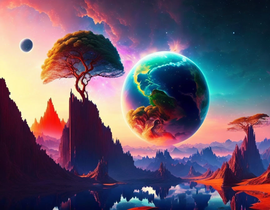 Alien landscape digital artwork with mountains, tree, waters, and colorful planet