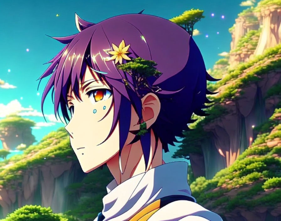 Purple-haired anime character with yellow flower accessory in contemplative pose amidst vibrant trees and blue sky.