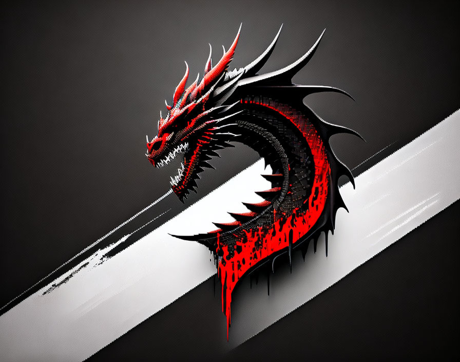 Red and Black Dragon with Spikes on Grey Background