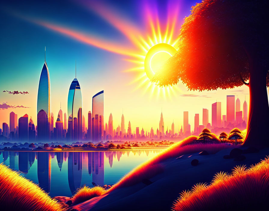 Futuristic cityscape digital artwork with sunset, reflective skyscrapers, and glowing celestial elements