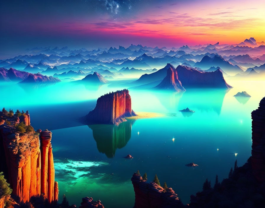 Colorful surreal landscape with luminous water and floating islands