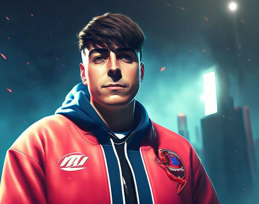 Digital portrait of man in esports jacket on neon-lit background