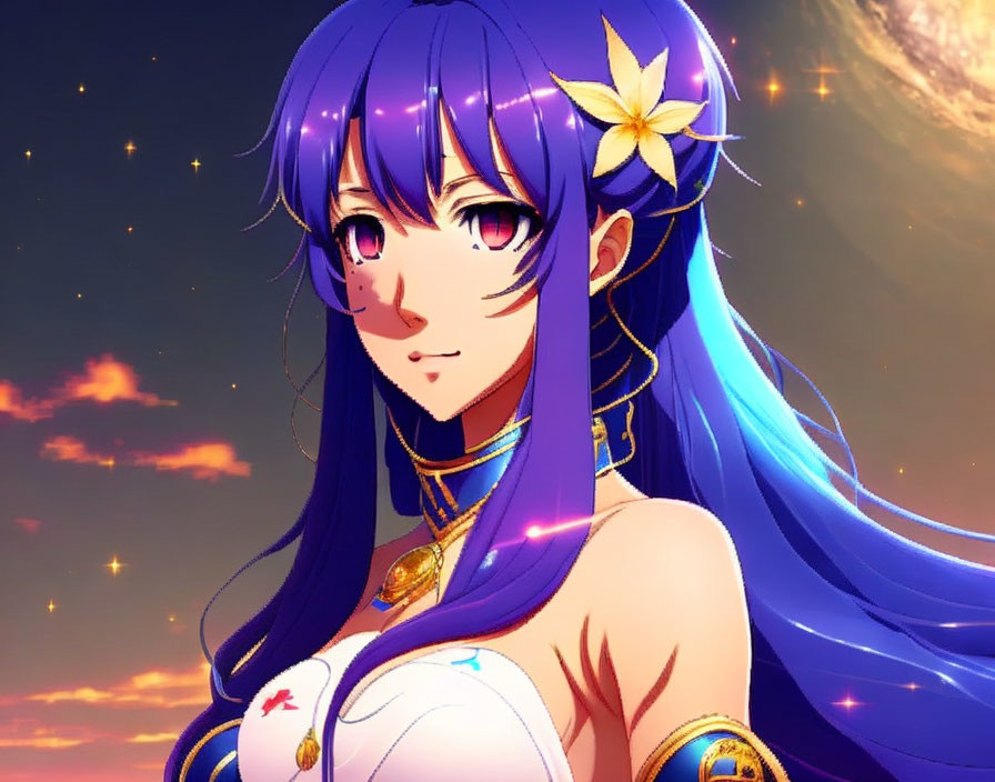 Animated female character with long blue hair and yellow flower accessory on starry background