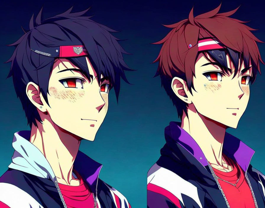 Anime-style male characters with red eyes, bandanas, and sporty jackets on dark blue background