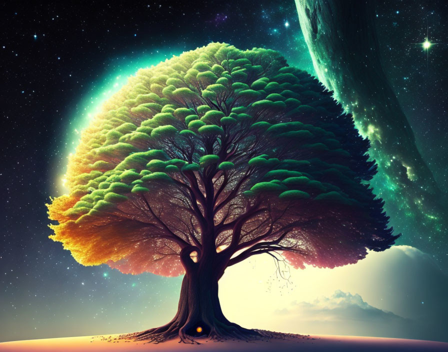 Colorful tree under starry sky with celestial body and aurora lights