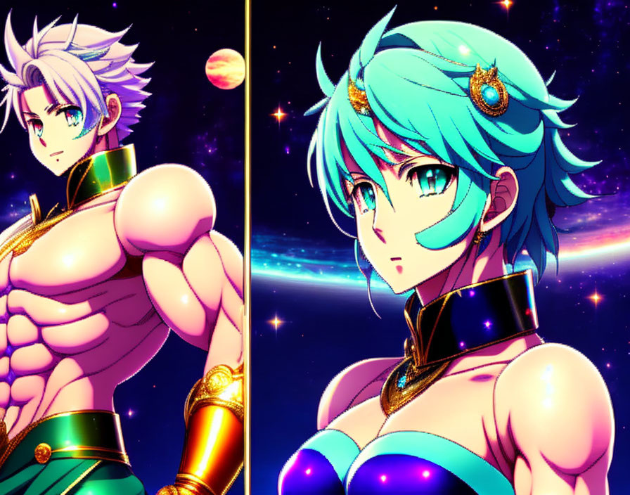 Teal-haired and golden-armored animated characters in cosmic setting