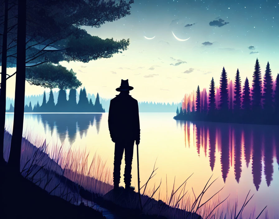 Silhouette of person in hat by tranquil lake at twilight with starry sky.