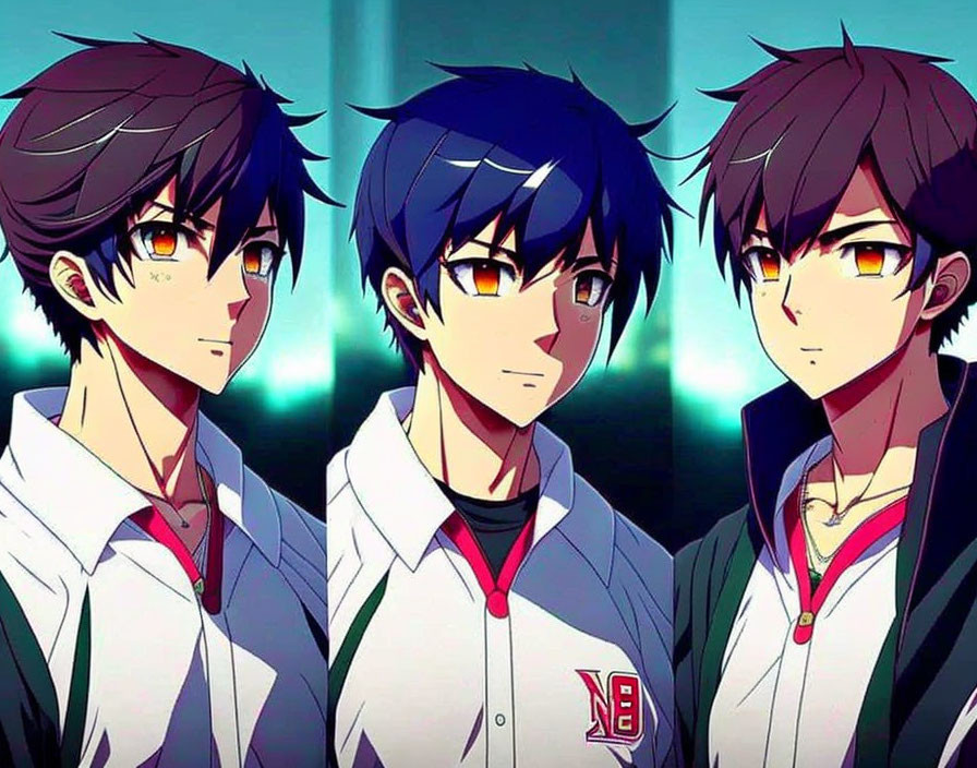 Three anime boys in school uniforms under green light