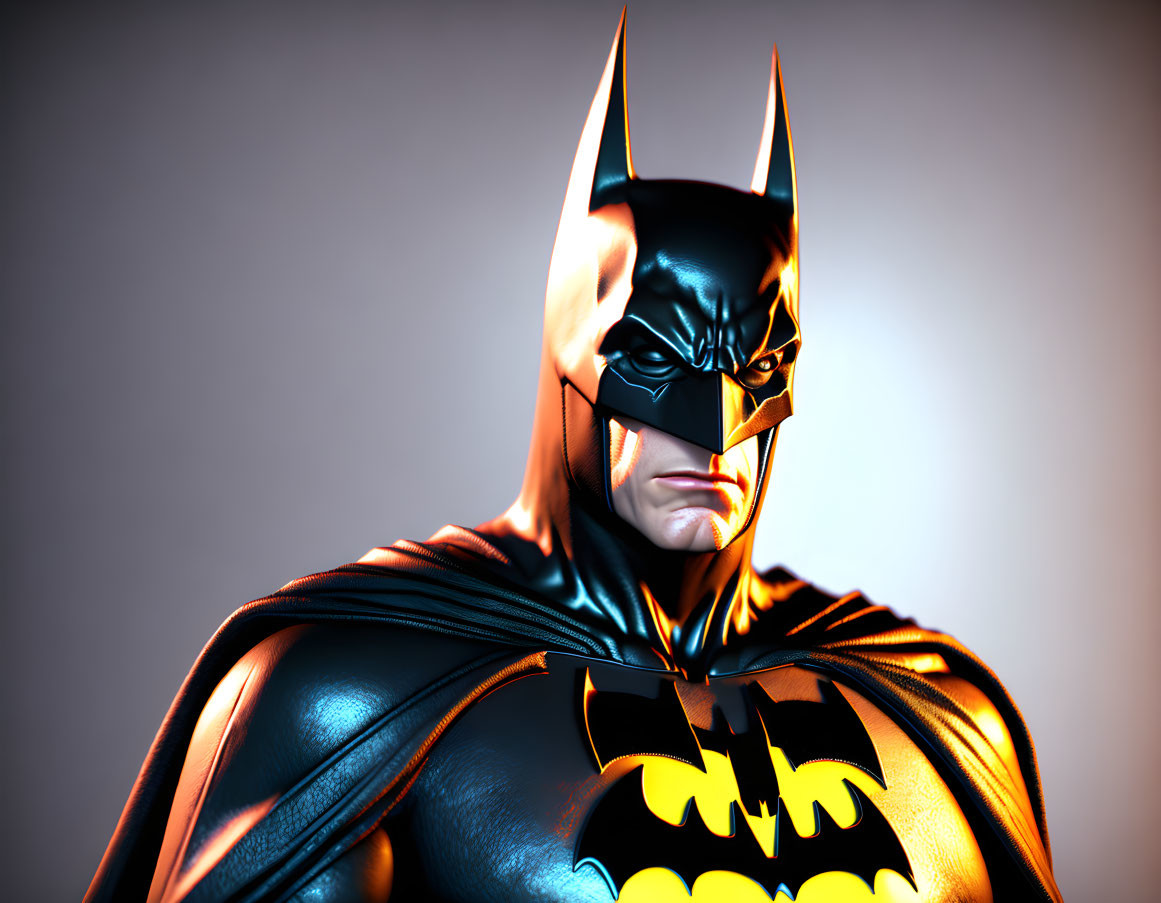 Superhero character in bat-themed costume with intense demeanor