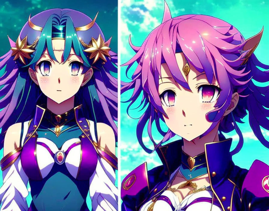 Anime-style characters in ornate outfits with blue and purple hair and unique accessories.