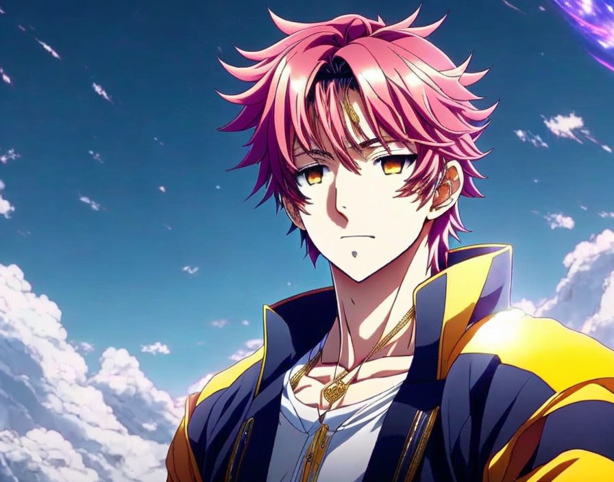 Pink-Haired Anime Character in Black and Yellow Jacket under Blue Sky