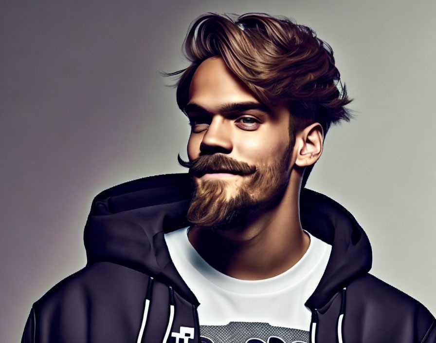 Young man portrait with voluminous brown hair, full beard, and hoodie.