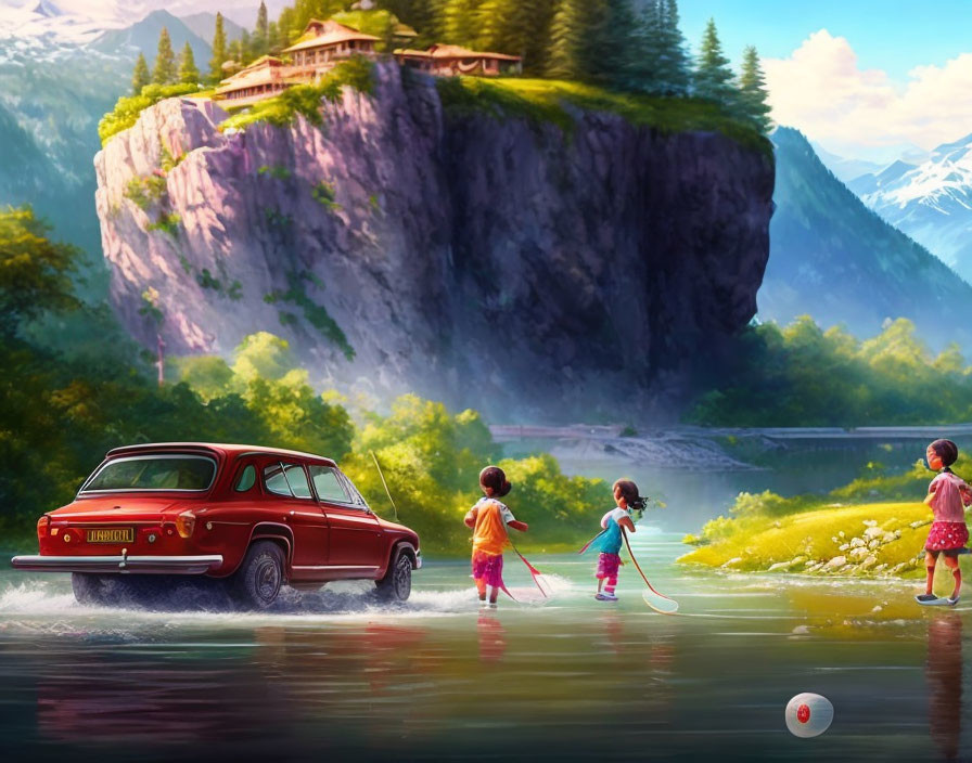 Children playing by water near classic car, mountains, and cliff-top house.