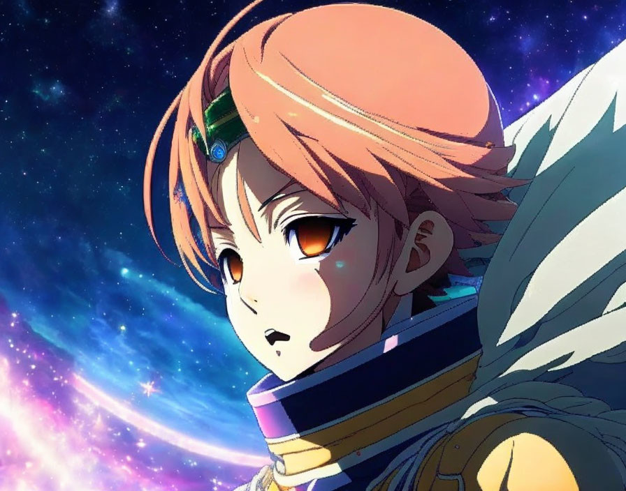 Anime character with orange hair and teal eyes in headset against cosmic starry background.