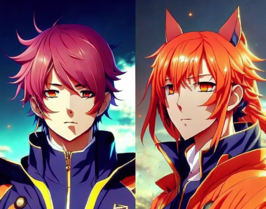 Male with pink hair and fox-like character with orange hair side by side