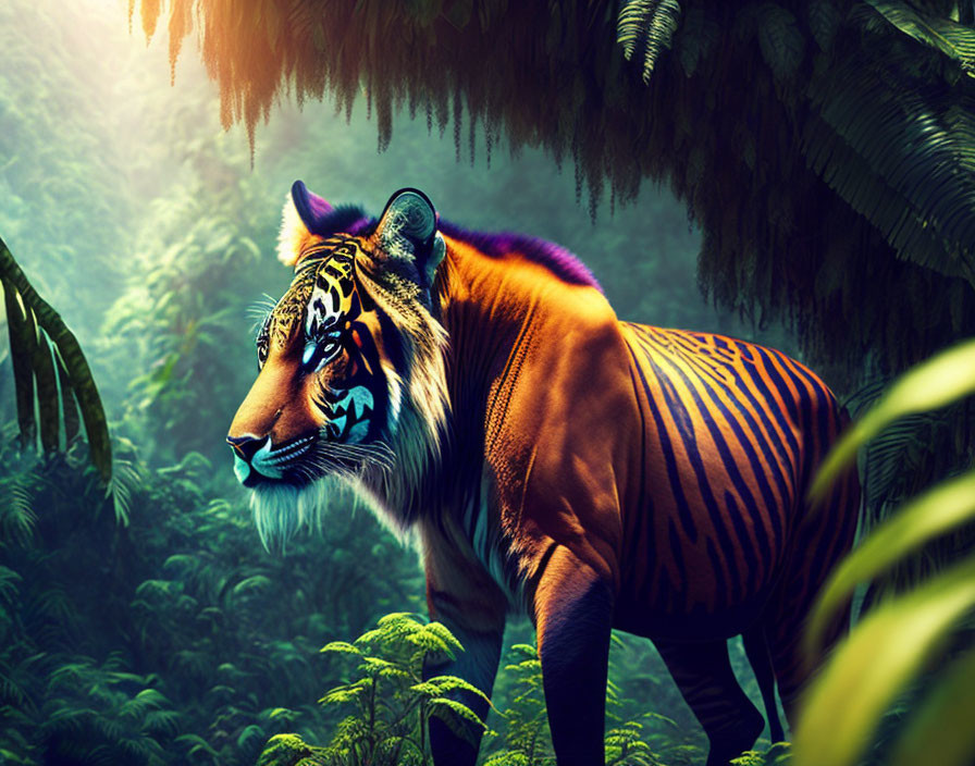 Colorful Tiger with Tribal Face Paint in Misty Jungle