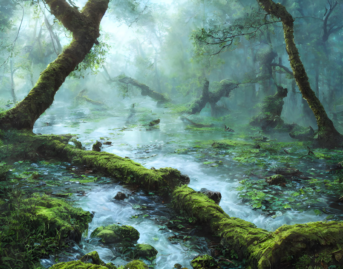 Moss-covered trees in serene forest with mist and stream