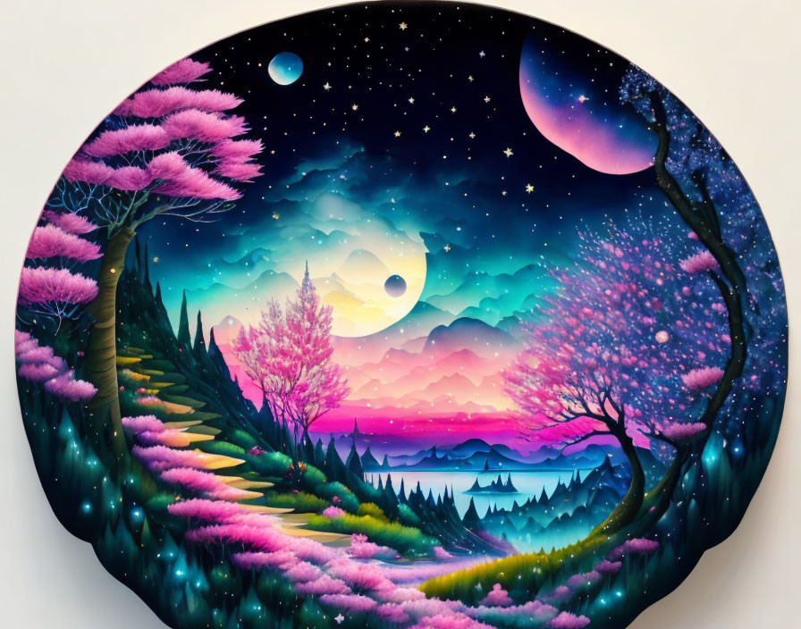 Circular fantasy landscape painting with pink trees, starry sky, moon, planets, and serene lake.